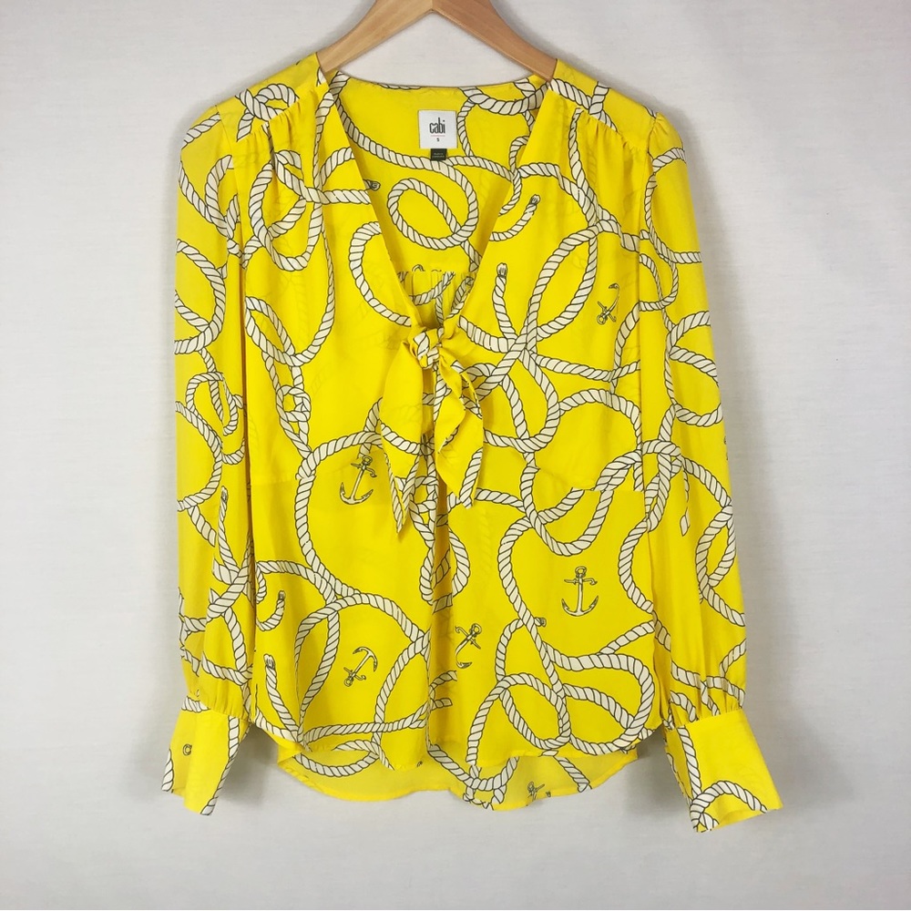 Cabi Reef Knot Front Tie Long Sleeve Blouse | Yellow Black White | Size Small